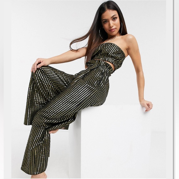 ASOS Petite Gold Metallic Stripe Bandeau Tube Top with Paper-bag High Waist Pant - Picture 2 of 15